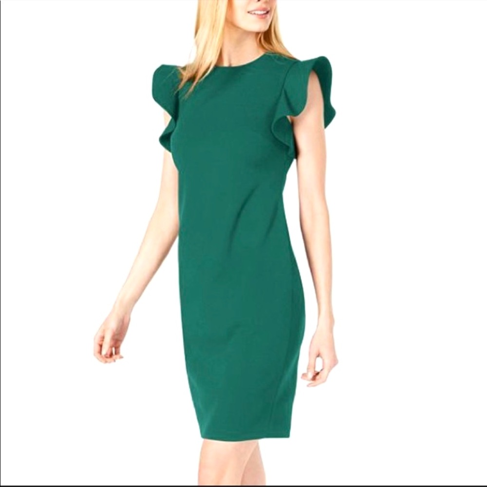 Calvin Klein green shift dress, ruffle sleeves, back zipper NWT Sz 6
